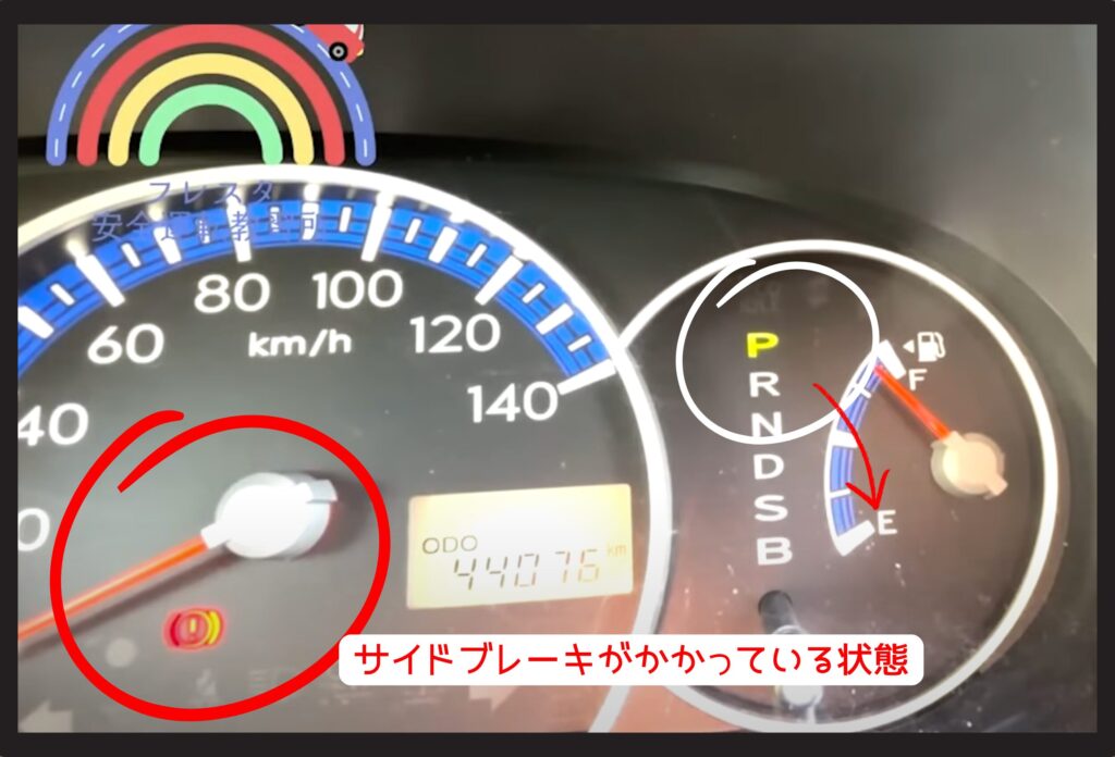 自動車のメーターパネルを撮影した画像。シフトレバーのインジケーターはP（パーキング）に点灯し、その左側に赤いびっくりマーク（！）の警告灯が表示されている。これはサイドブレーキがかかっている状態を示すランプで、解除せずにD（ドライブ）に入れて発進すると故障や事故の原因になる。運転初心者やペーパードライバーが見落としやすい警告灯であり、発進前に必ずサイドブレーキが解除されているか確認することが大切。安全運転の基本知識として重要な画像。