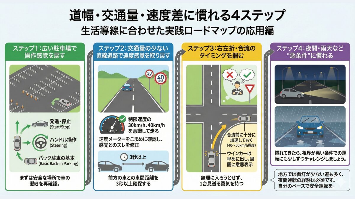 道幅・交通量・速度差に慣れる4ステップ