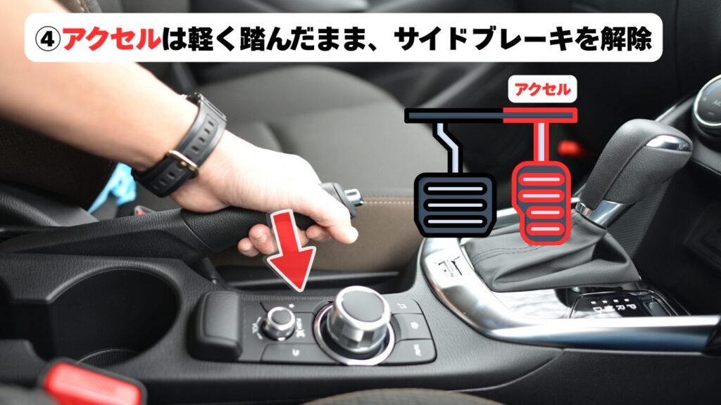 サイドブレーキを使った坂道発進の基本操作4