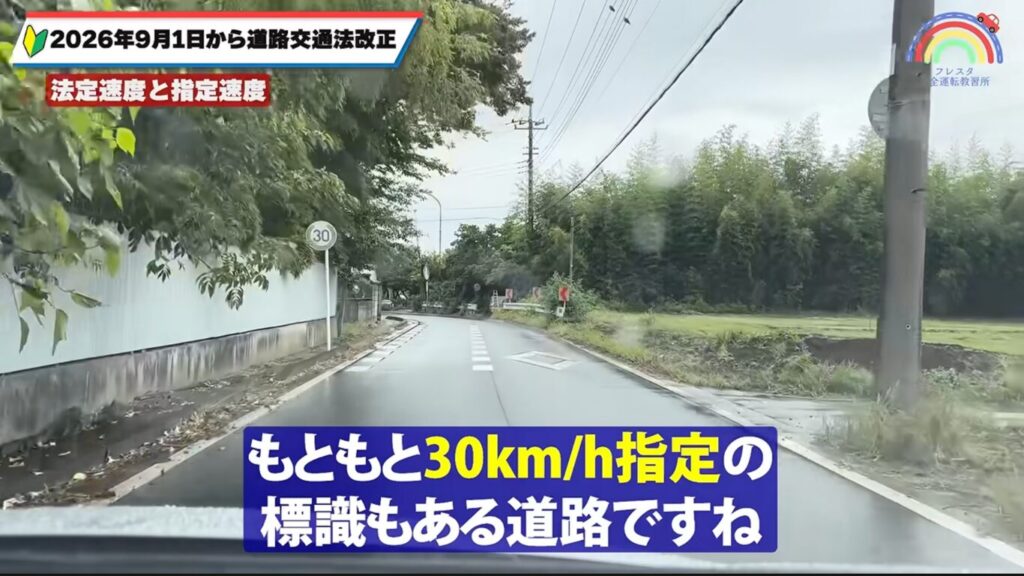中央線がない道路でも速度標識がある場合は「指定速度」が優先の道路